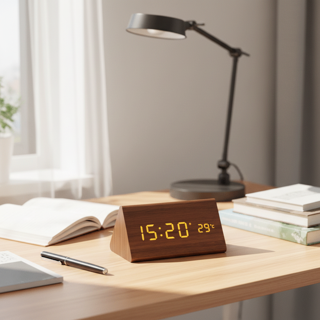 LED Nachttischlampe mit Holz & Uhr – Touch & Dimmbar | Tischlampe Schlafzimmer Modern