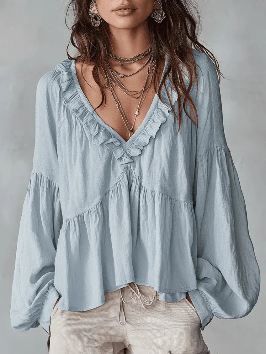 Bluse Damen Locker V-Ausschnitt Lange Puffärmel Sommer