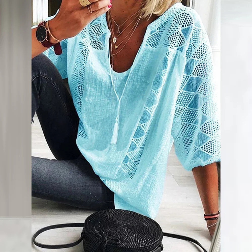 Damen Sommerbluse Relaxed Fit Sommer Freizeit mit Spitze