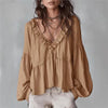 Bluse Damen Locker V-Ausschnitt Lange Puffärmel Sommer