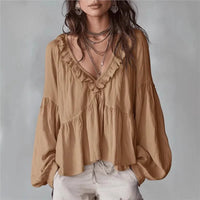 Bluse Damen Locker V-Ausschnitt Lange Puffärmel Sommer