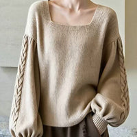 Damen Pullover Relaxed Fit Casual mit eckigem Ausschnitt und Laternenärmeln