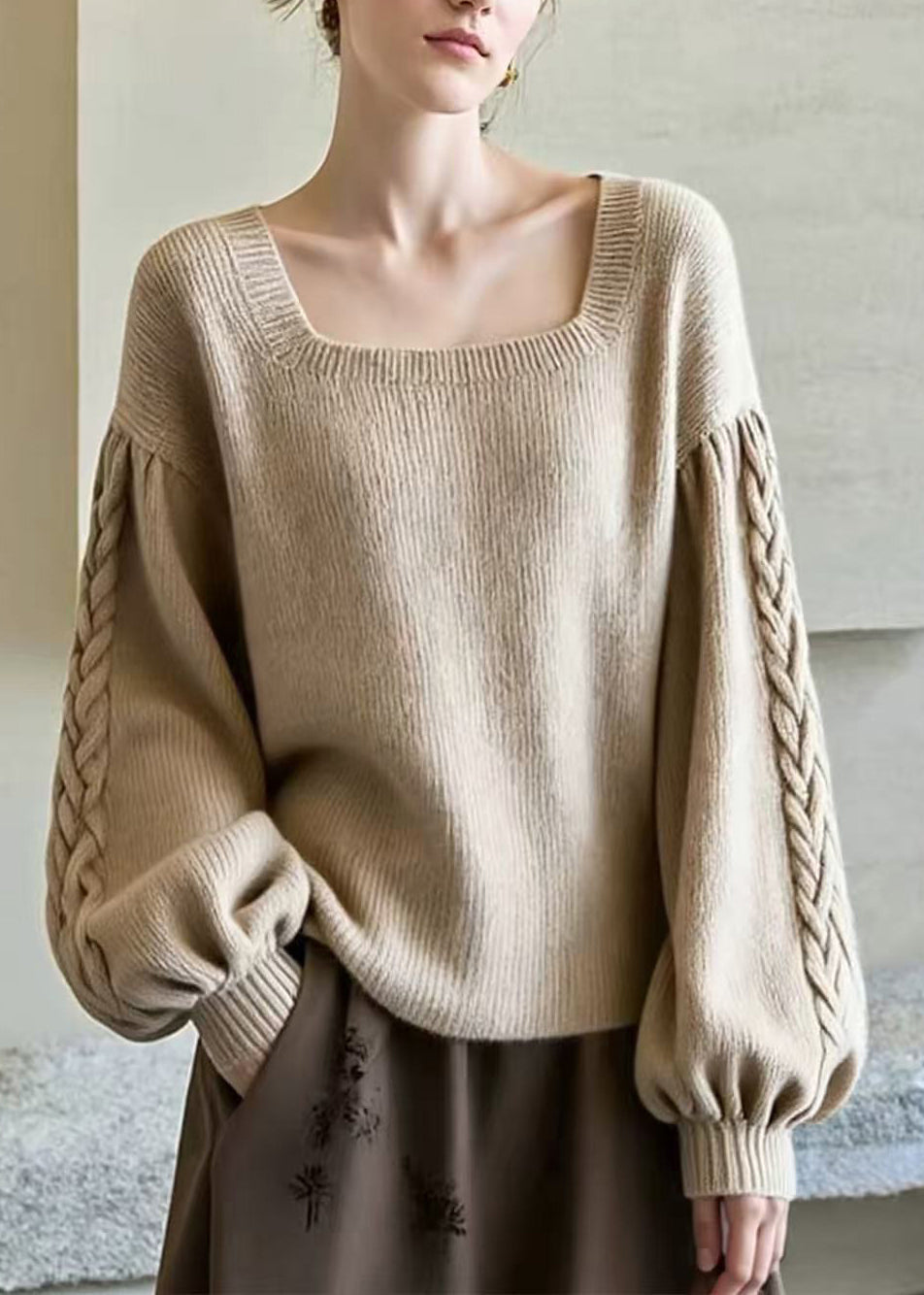 Damen Pullover Relaxed Fit Casual mit eckigem Ausschnitt und Laternenärmeln