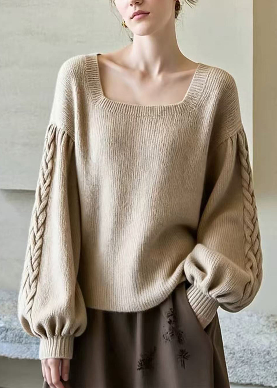 Damen Pullover Relaxed Fit Casual mit eckigem Ausschnitt und Laternenärmeln