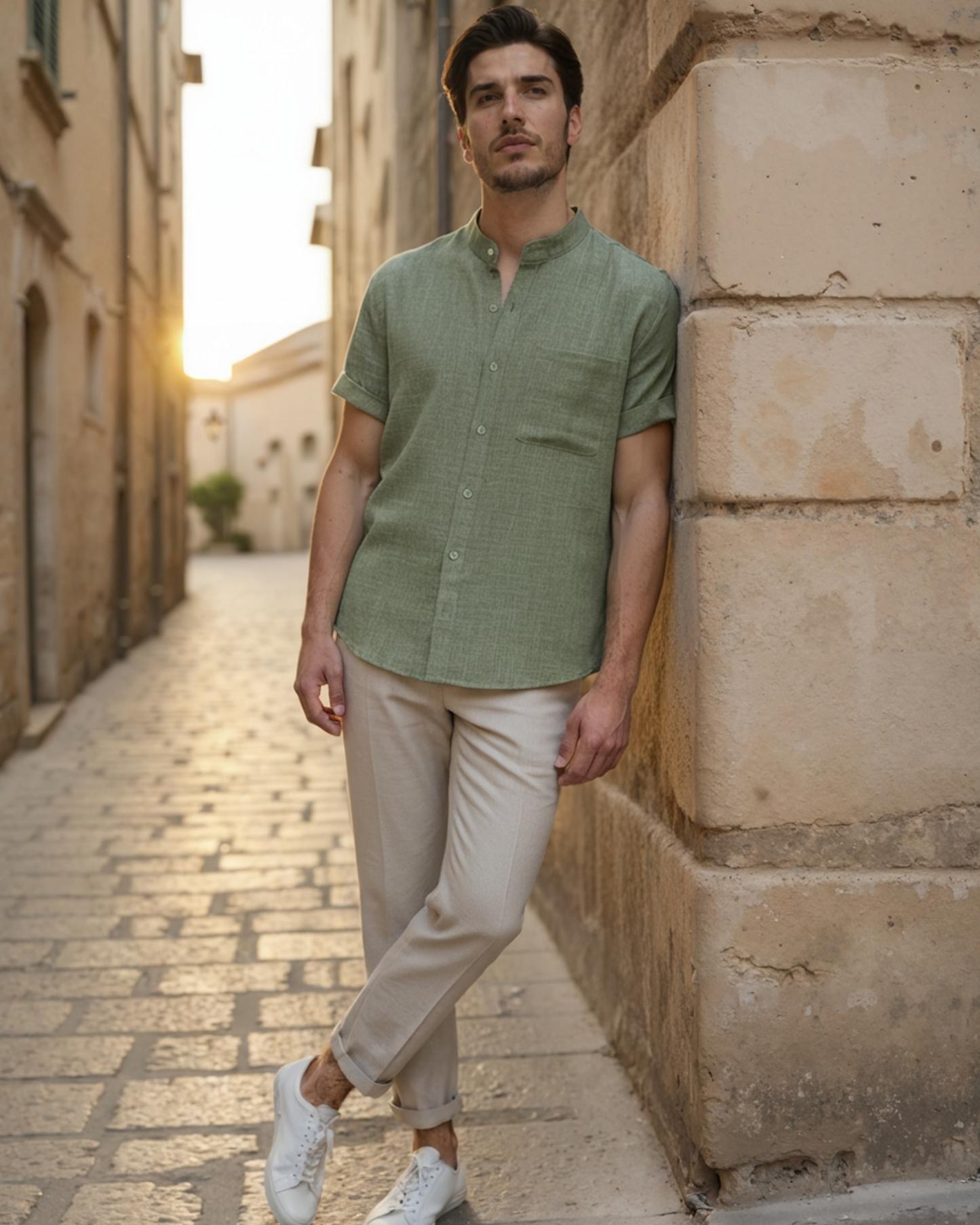 Hemd Kurzarm Herren Relaxed Fit Sommer Casual Mandarin-Kragen
