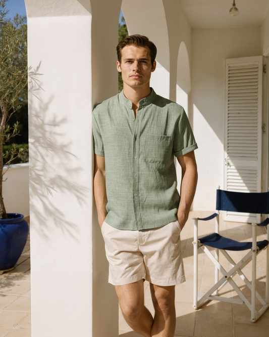 Hemd Kurzarm Herren Relaxed Fit Sommer Casual Mandarin-Kragen