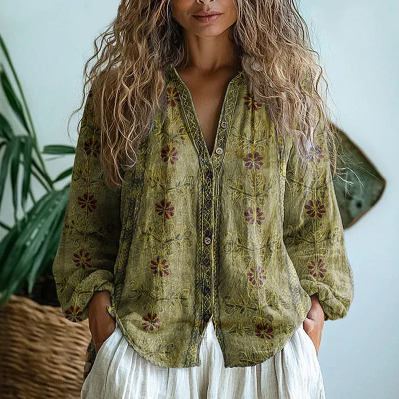 Damen Bluse Relaxed Fit Freizeit Blattmuster Knopfleiste