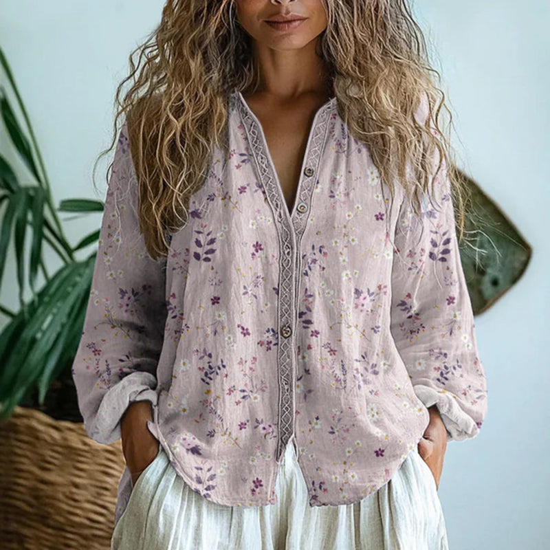 Damen Bluse Relaxed Fit Freizeit Blattmuster Knopfleiste