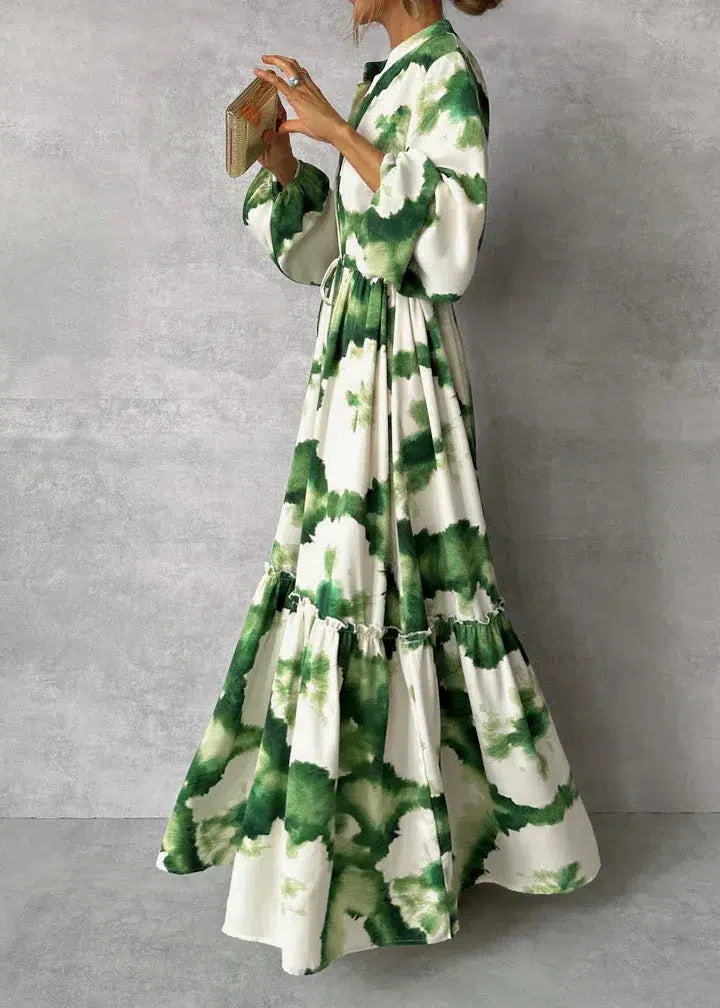 Grünes Maxi-Kleid für Damen – Eleganter V-Ausschnitt und lange Ärmel
