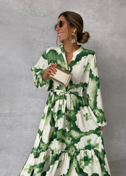 Grünes Maxi-Kleid für Damen – Eleganter V-Ausschnitt und lange Ärmel