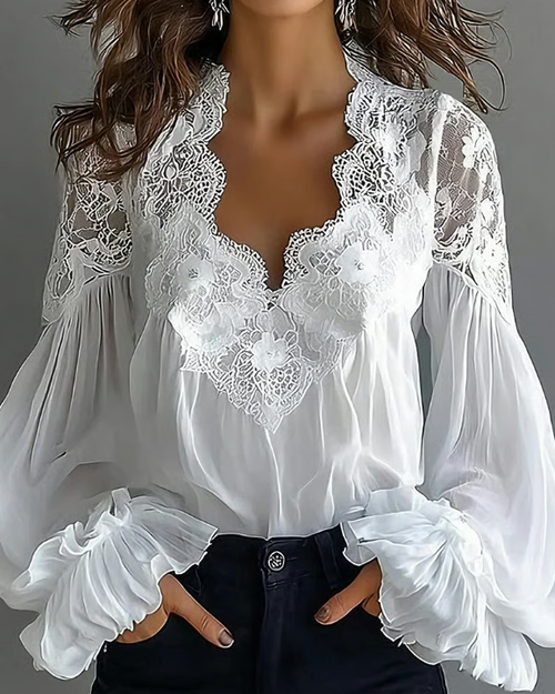 Bluse Damen Elegant Freizeit Florale Spitze Lanternenärmel