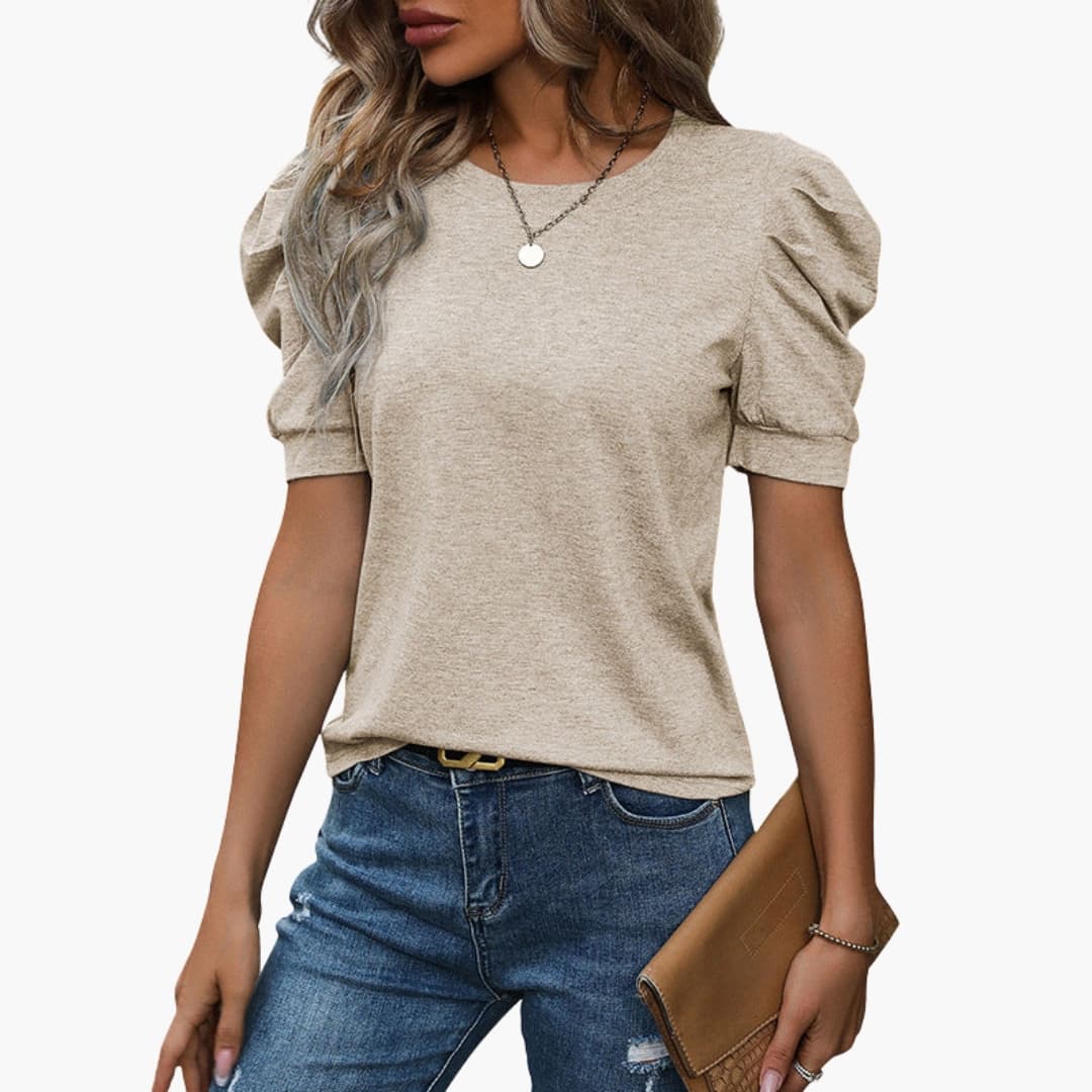 Damen T-Shirt Regular Fit mit Rundhalsausschnitt und Puffärmeln Freizeit