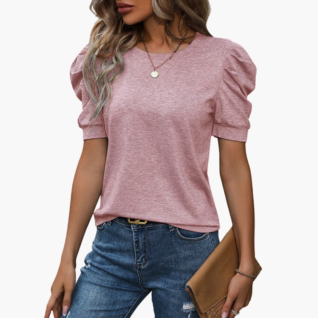 Damen T-Shirt Regular Fit mit Rundhalsausschnitt und Puffärmeln Freizeit