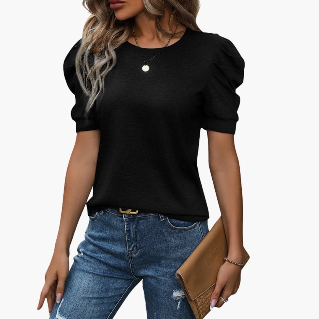 Damen T-Shirt Regular Fit mit Rundhalsausschnitt und Puffärmeln Freizeit