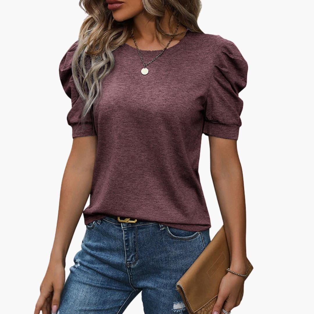 Damen T-Shirt Regular Fit mit Rundhalsausschnitt und Puffärmeln Freizeit