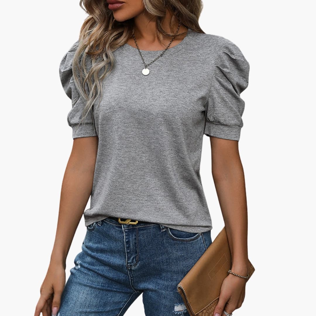 Damen T-Shirt Regular Fit mit Rundhalsausschnitt und Puffärmeln Freizeit