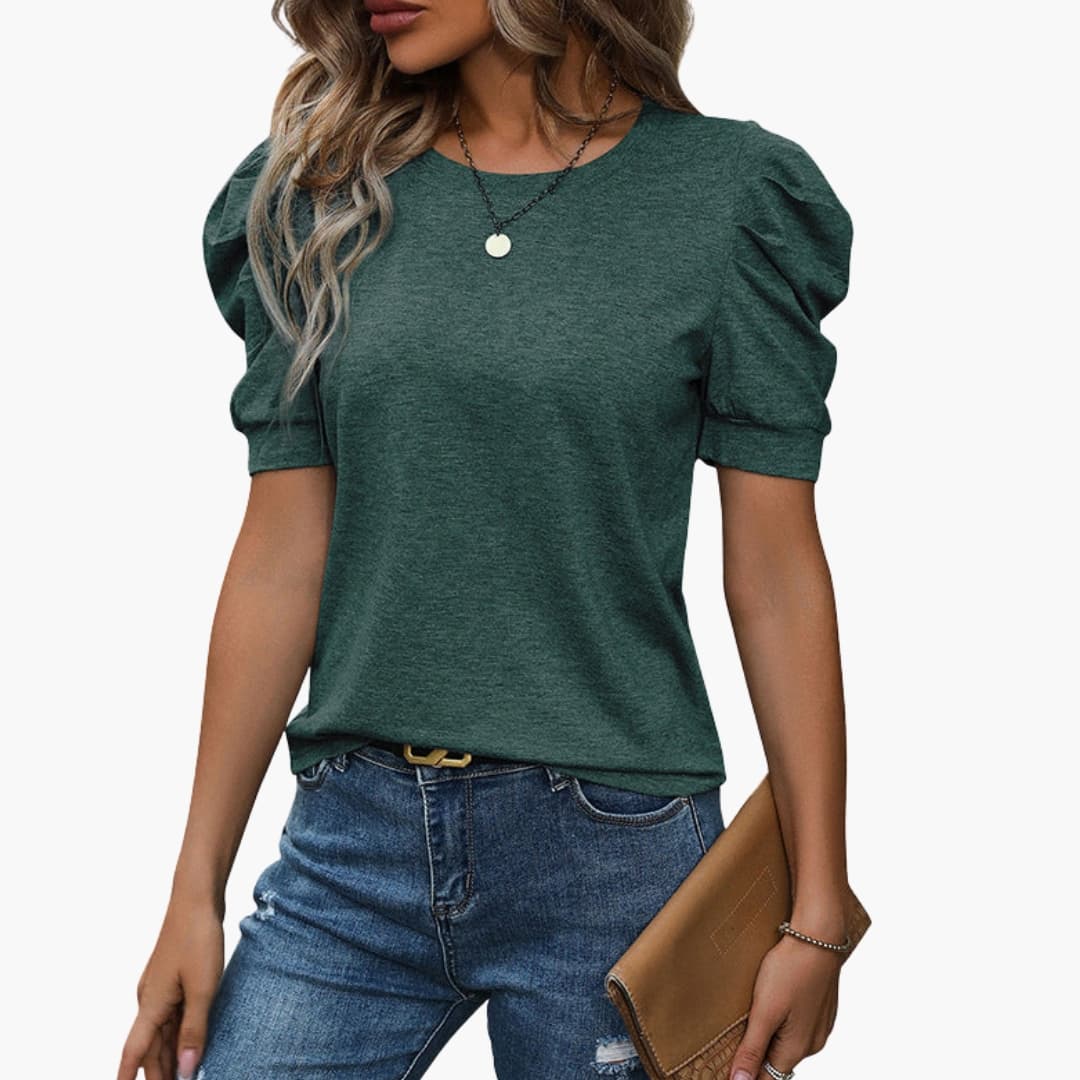 Damen T-Shirt Regular Fit mit Rundhalsausschnitt und Puffärmeln Freizeit