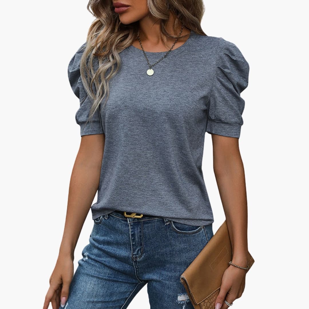 Damen T-Shirt Regular Fit mit Rundhalsausschnitt und Puffärmeln Freizeit