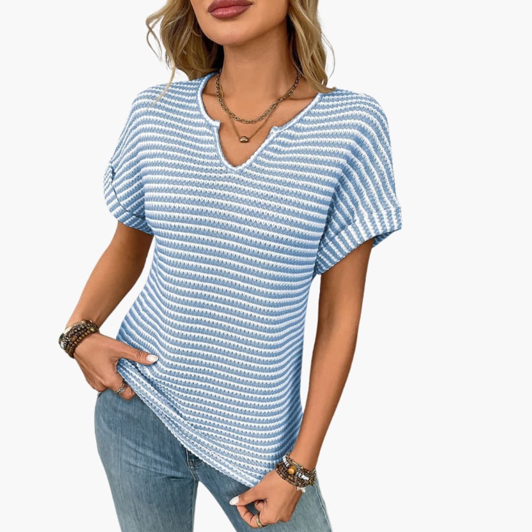 Damen Kurzarm T-Shirt V-Ausschnitt Regular Fit Freizeit Gestreift