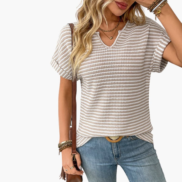 Damen Kurzarm T-Shirt V-Ausschnitt Regular Fit Freizeit Gestreift
