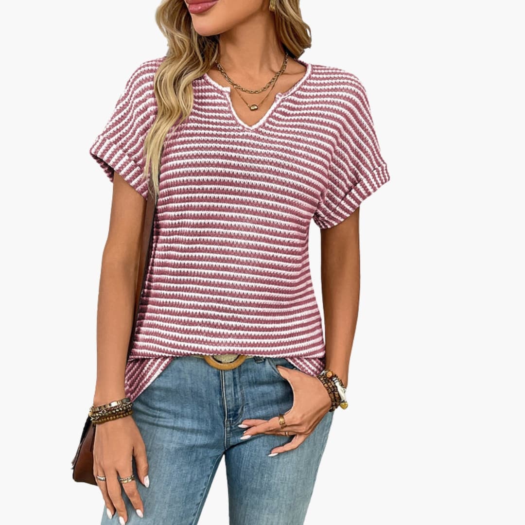 Damen Kurzarm T-Shirt V-Ausschnitt Regular Fit Freizeit Gestreift