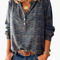 Damen Vintage Druck Knopf-Down Bluse Langarm Kragen Woven Shirt