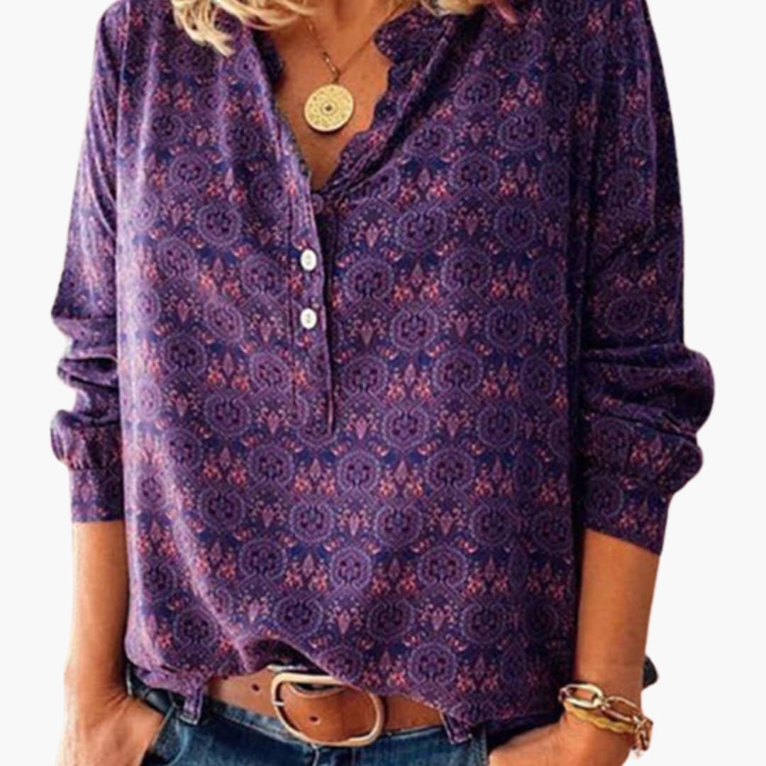 Damen Vintage Druck Knopf-Down Bluse Langarm Kragen Woven Shirt