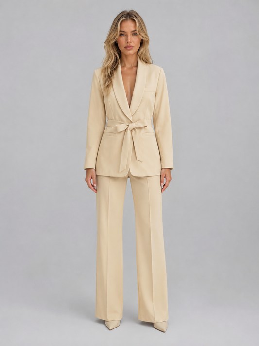 Zweiteiler Damen Elegant Blazer Gürtel Weite Hose