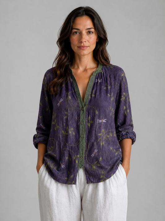 Bluse Damen Relaxed Fit Casual V-Ausschnitt Stickerei