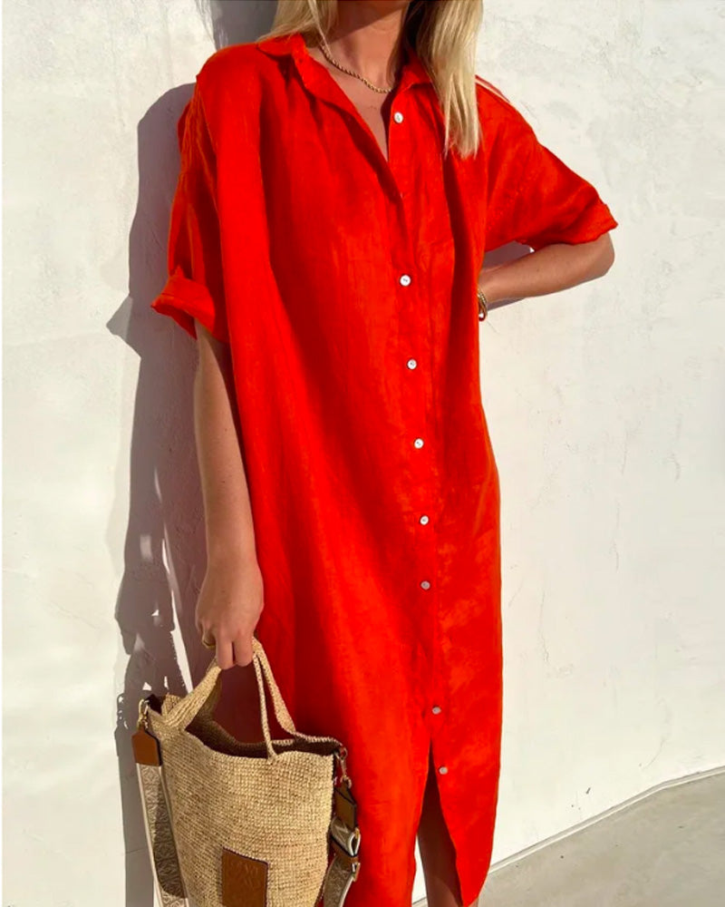 Sommerkleid Damen Relaxed Fit Casual V-Ausschnitt Knopfleiste