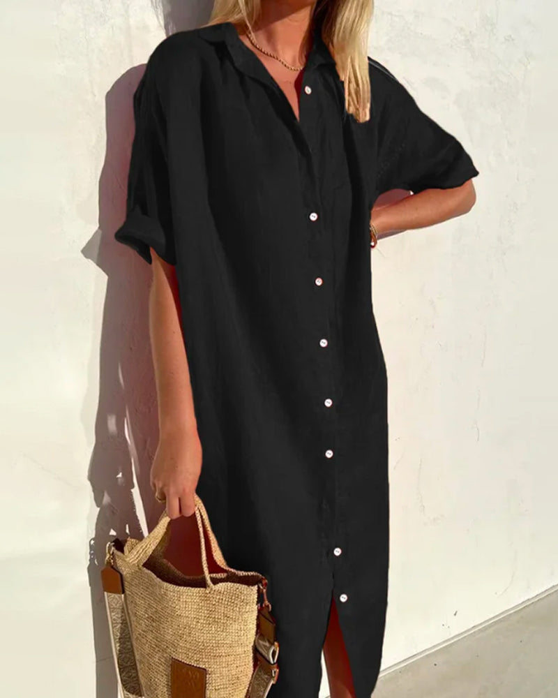 Sommerkleid Damen Relaxed Fit Casual V-Ausschnitt Knopfleiste