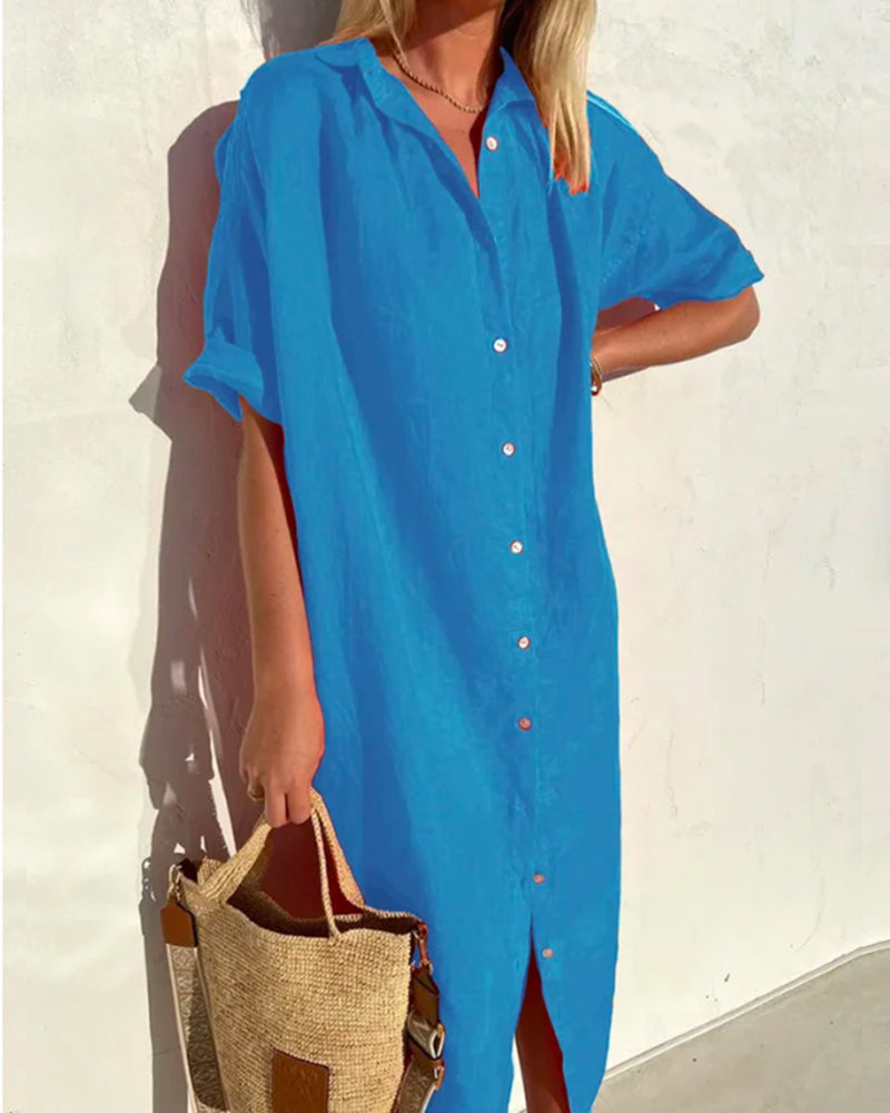 Sommerkleid Damen Relaxed Fit Casual V-Ausschnitt Knopfleiste