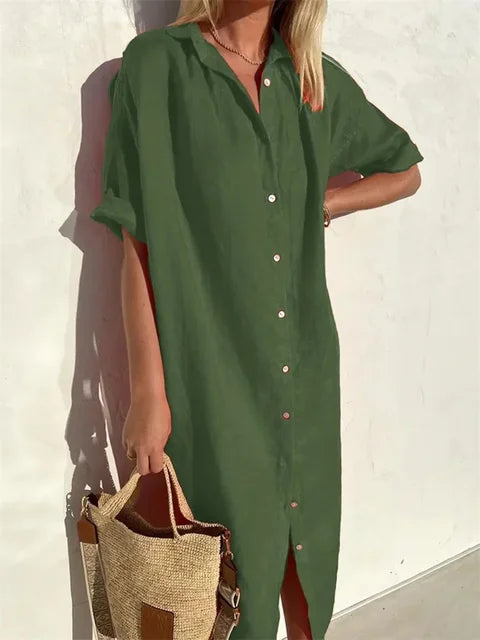 Sommerkleid Damen Relaxed Fit Casual V-Ausschnitt Knopfleiste