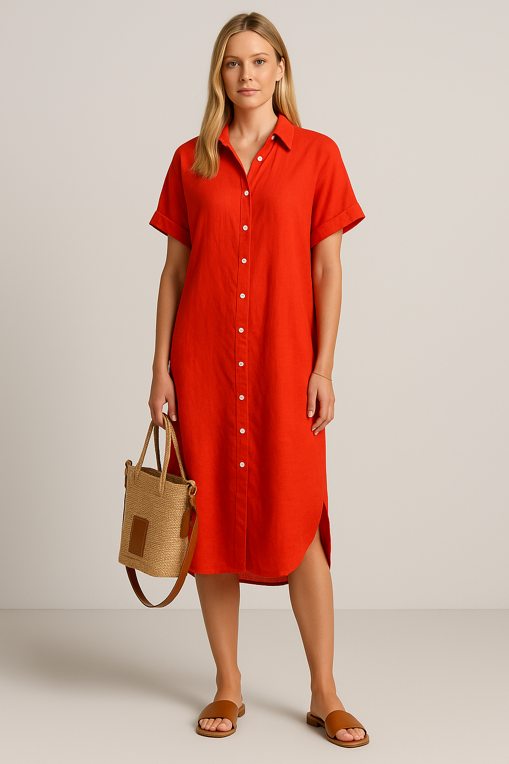Sommerkleid Damen Relaxed Fit Casual V-Ausschnitt Knopfleiste