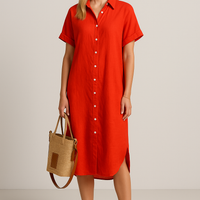 Sommerkleid Damen Relaxed Fit Casual V-Ausschnitt Knopfleiste