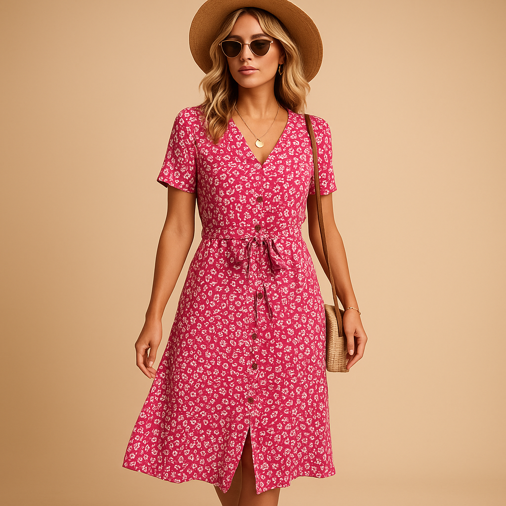 Midi Kleid Damen Leicht Sommer Casual Kurzarm