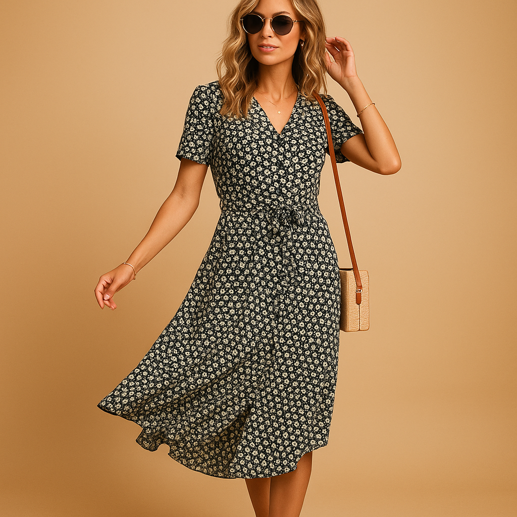Midi Kleid Damen Leicht Sommer Casual Kurzarm