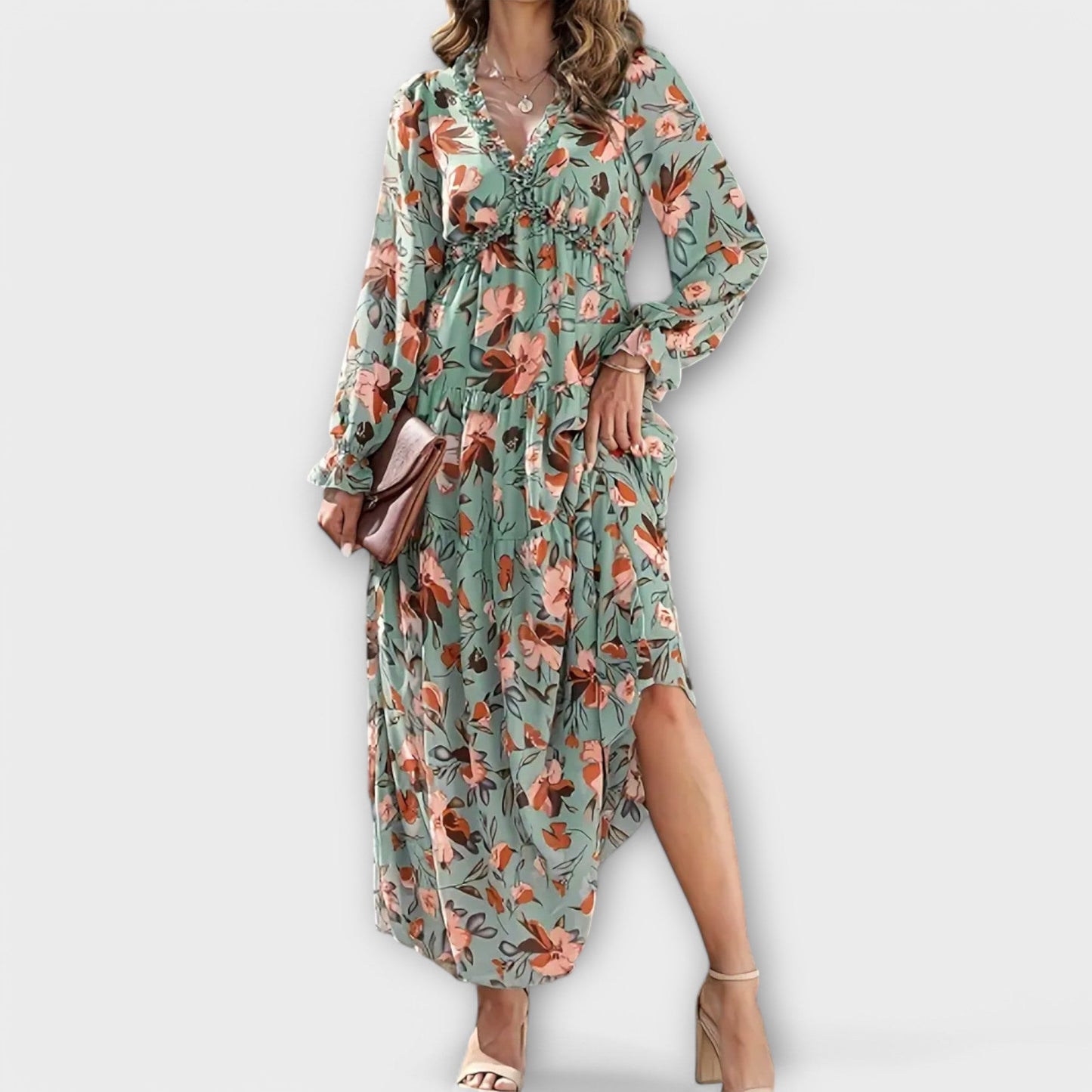 Maxikleid Damen Falten V-Ausschnitt Langarm Sommer Elegant