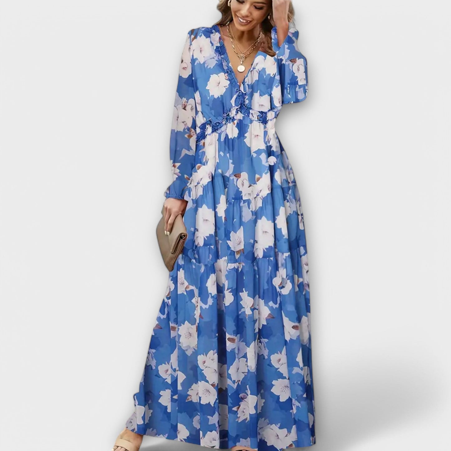 Maxikleid Damen Falten V-Ausschnitt Langarm Sommer Elegant