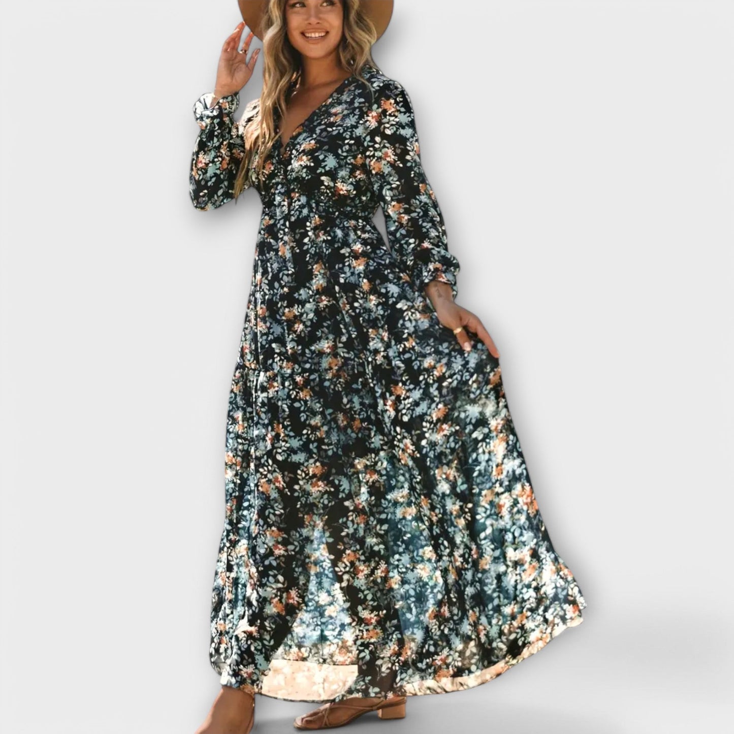 Maxikleid Damen Falten V-Ausschnitt Langarm Sommer Elegant