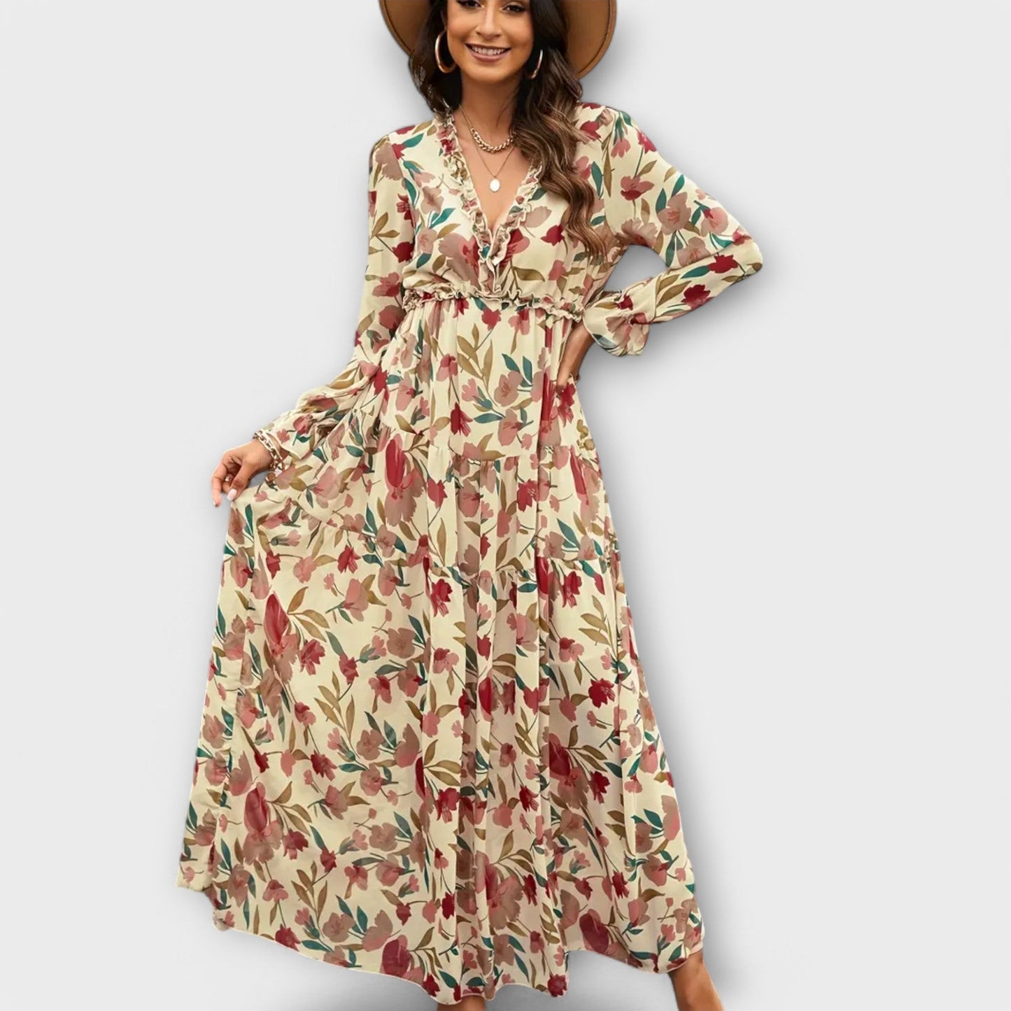 Maxikleid Damen Falten V-Ausschnitt Langarm Sommer Elegant