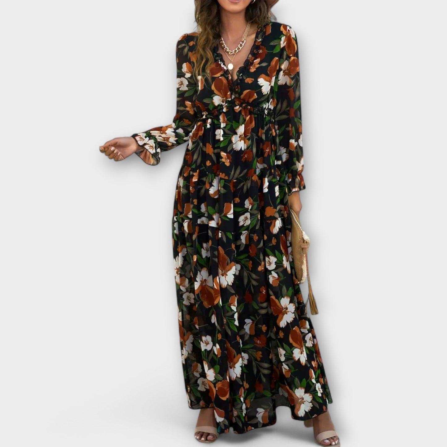 Maxikleid Damen Falten V-Ausschnitt Langarm Sommer Elegant
