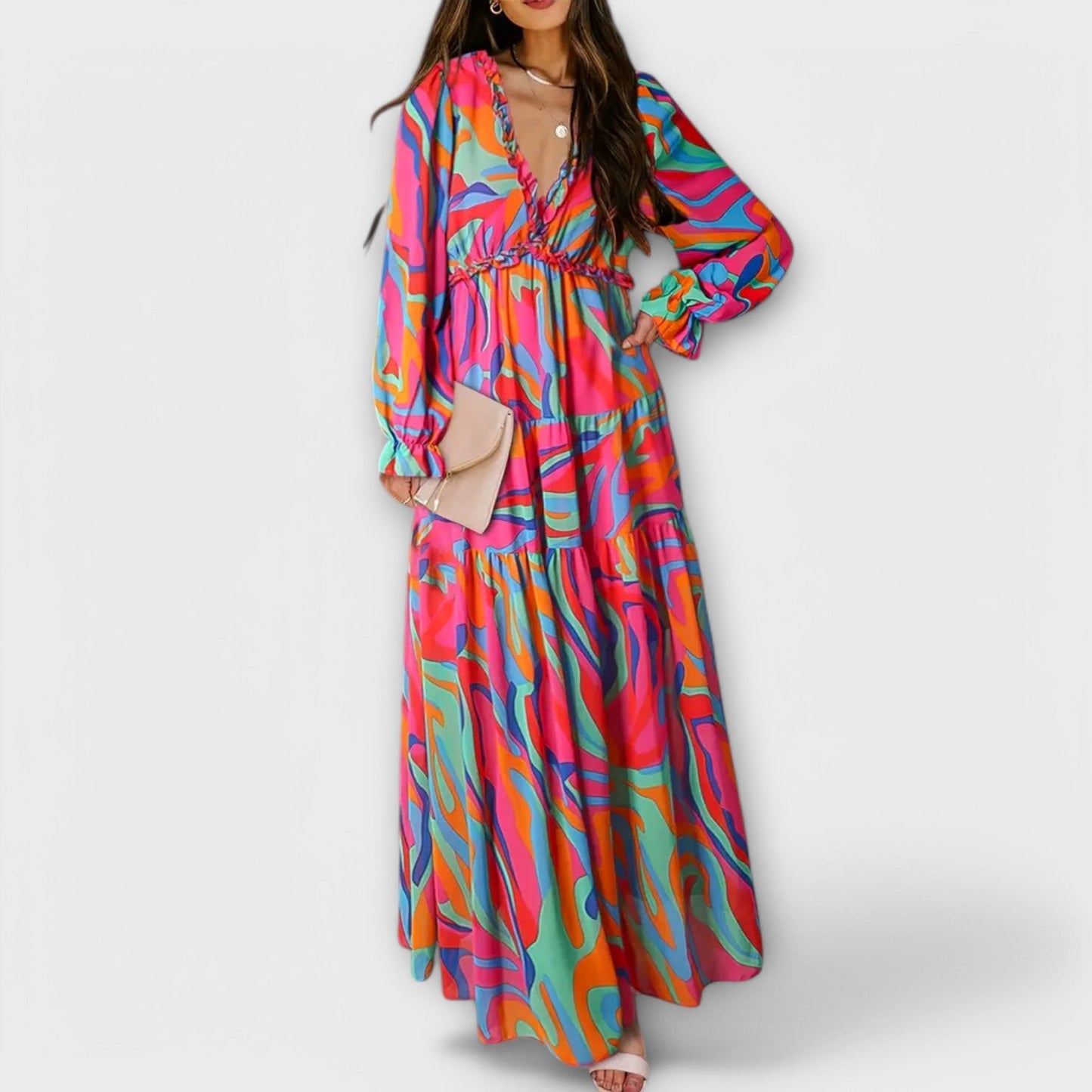 Maxikleid Damen Falten V-Ausschnitt Langarm Sommer Elegant