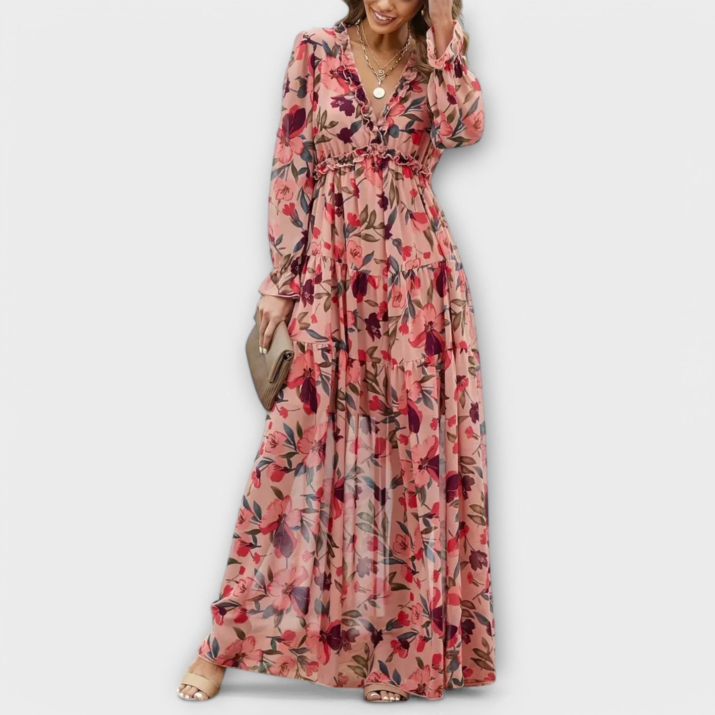 Maxikleid Damen Falten V-Ausschnitt Langarm Sommer Elegant