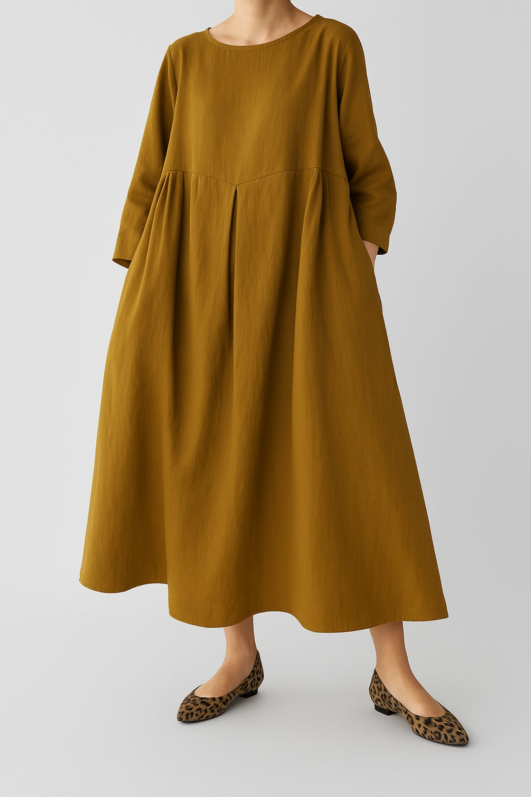 Midi Kleid Damen Relaxed Fit Freizeit Dreiviertelärmel Falten Detail
