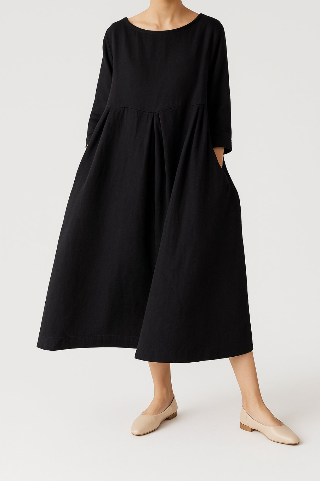 Midi Kleid Damen Relaxed Fit Freizeit Dreiviertelärmel Falten Detail