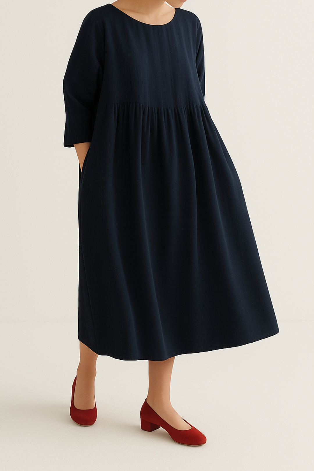 Midi Kleid Damen Relaxed Fit Freizeit Dreiviertelärmel Falten Detail