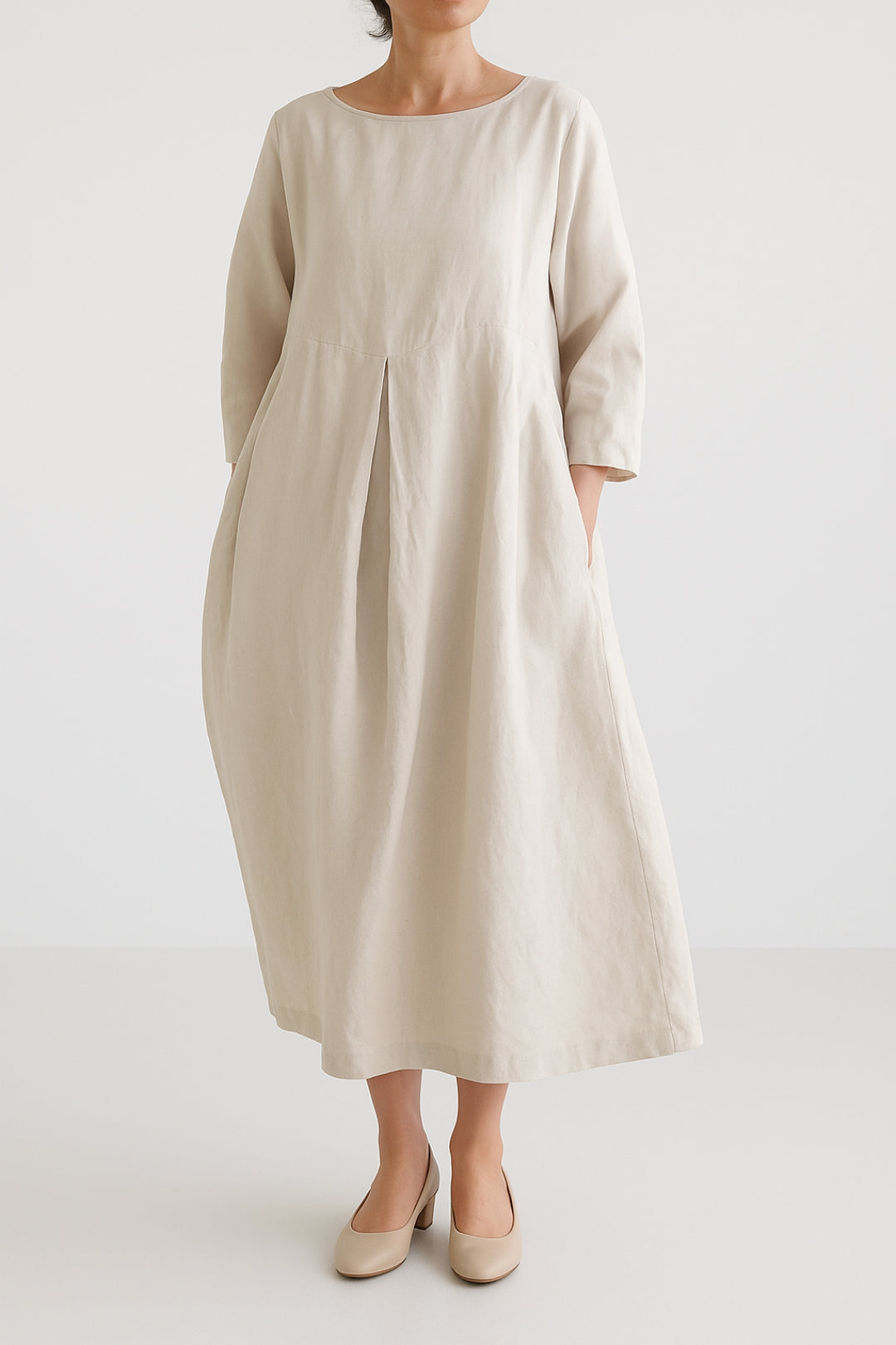 Midi Kleid Damen Relaxed Fit Freizeit Dreiviertelärmel Falten Detail