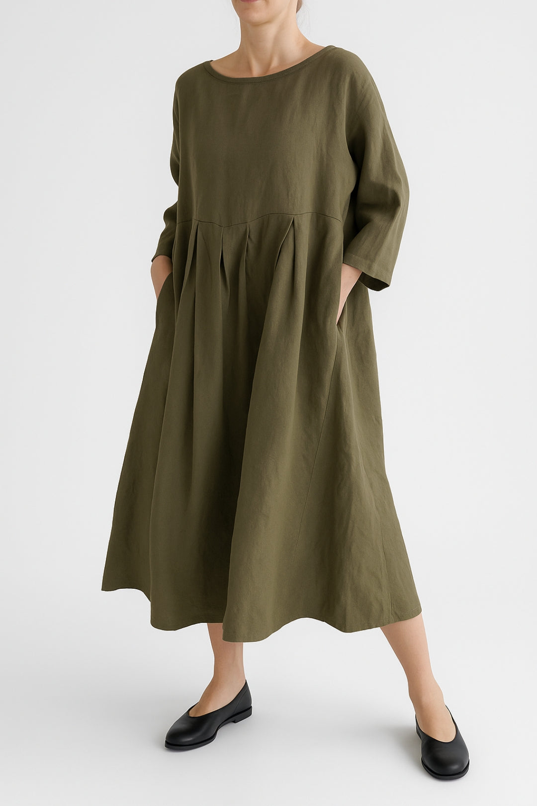 Midi Kleid Damen Relaxed Fit Freizeit Dreiviertelärmel Falten Detail