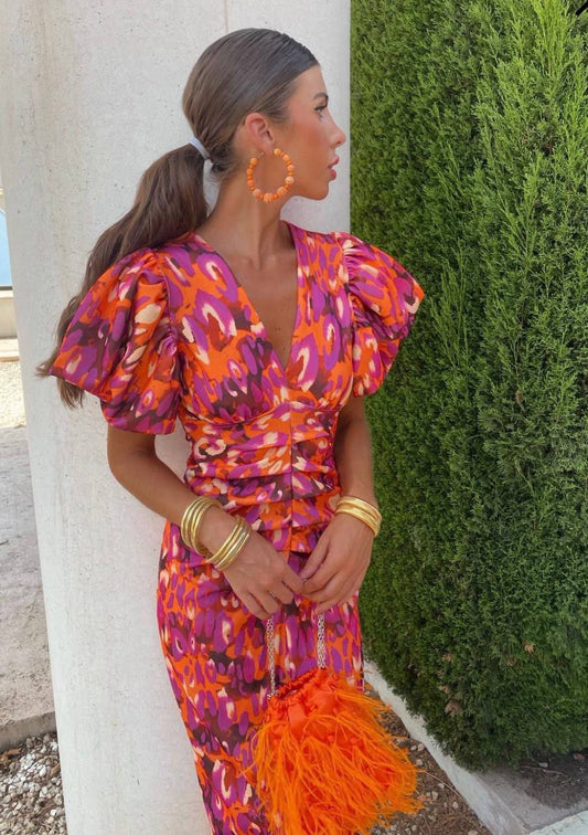 Tilly | Robe de soirée Femme Manches Bouffantes Fronces Mi-longue Festive